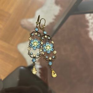 Michal Negrin floral blue and yellow rhinestone chandelier earrings